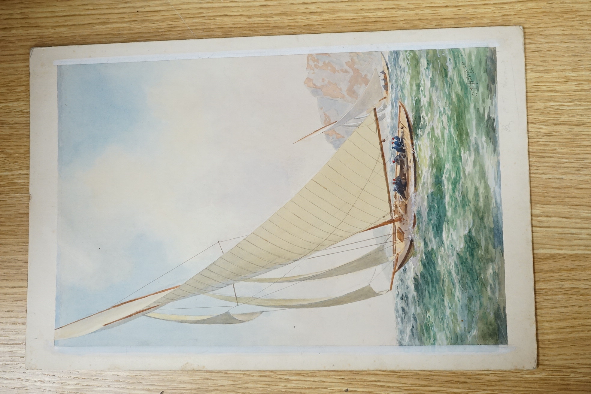 Charles Thomas Howard (1865-1942), four original watercolours for postcard designs, boating and yachting interest to include J Class Yachts Racing and Miss Britain Speedboat, two signed, largest 38 x 25cm, unframed. Cond